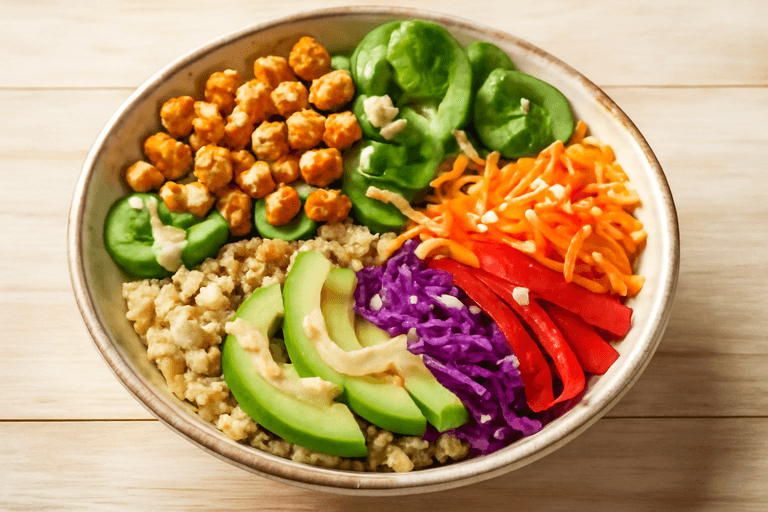 Proteinreiche vegane Buddha Bowl mit Quinoa und Kichererbsen