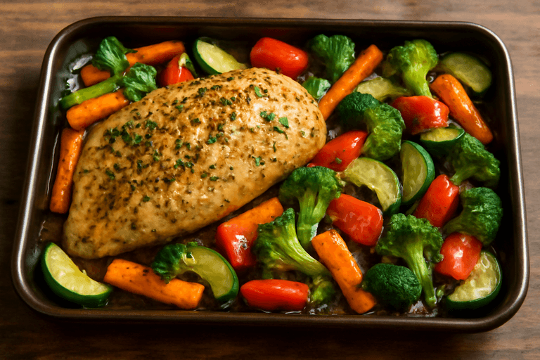 Poulet rôti aux herbes et légumes colorés