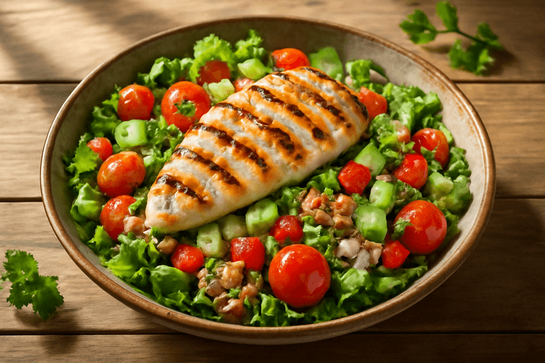 Salată clasică de pui la grătar cu legume proaspete și quinoa