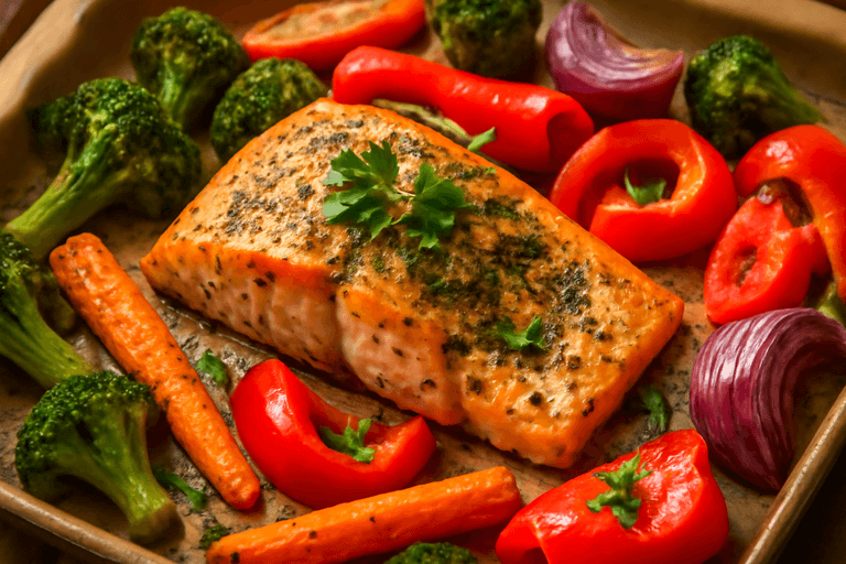 Ugnsbakad lax med örter och grönsaker