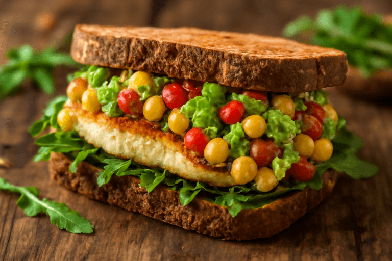 Saftiges Hähnchenbrust-Sandwich mit Avocado und Kichererbsen-Salat