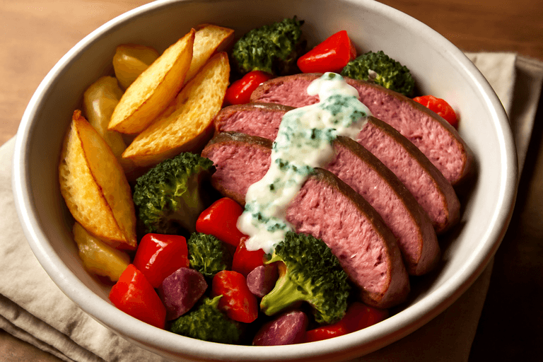 Proteinstarke Rindersteak-Bowl mit Ofenkartoffeln und buntem Gemüse