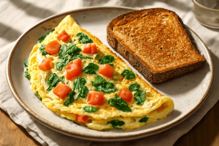 Класическа протеинова закуска – Омлет с пълнозърнест хляб и домати