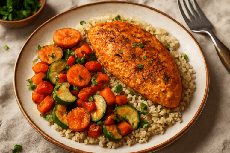 Krokante ovenkip met geroosterde groenten en quinoa