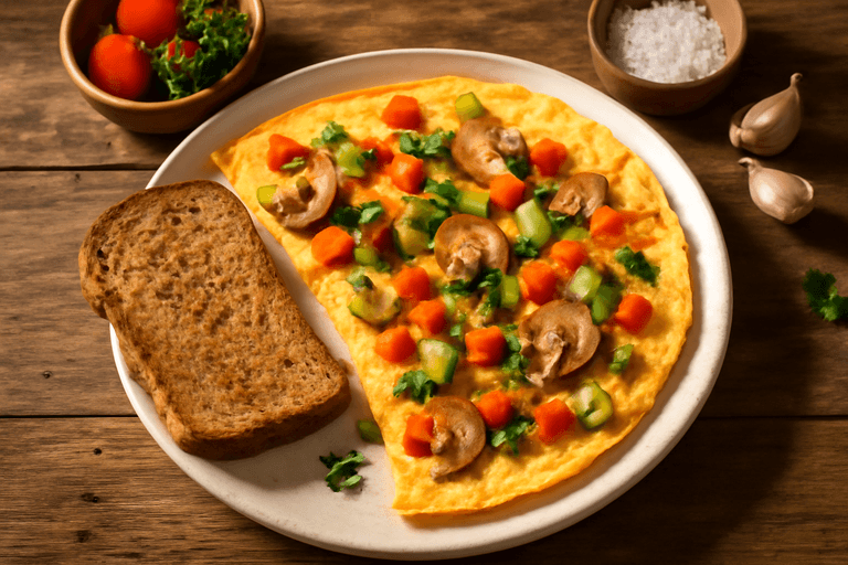 Herzhaftes Gemüse-Omelett mit Vollkornbrot