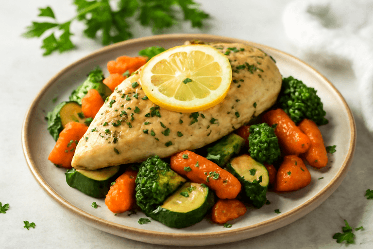 Leichtes Zitronen-Kräuter-Hähnchen mit Ofengemüse