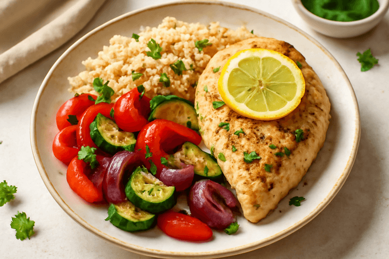 Kipfilet met geroosterde groenten en quinoa