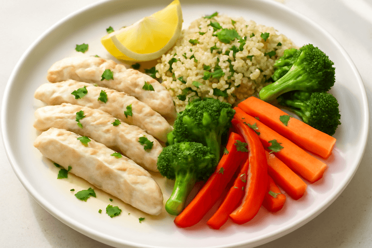Куриное филе с киноа и овощами на пару