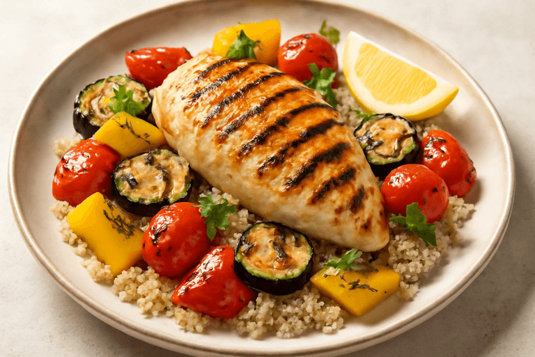 Куриная грудка на гриле с овощами и киноа