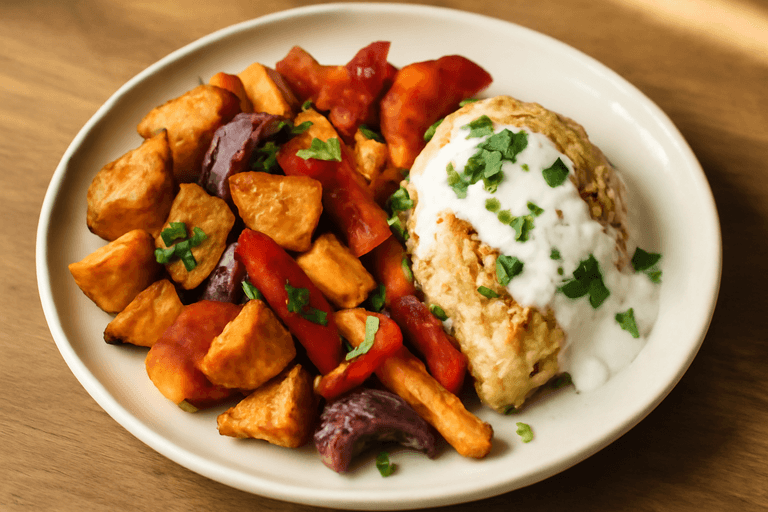 Kycklingfilé med Rostade Grönsaker och Yoghurtsås