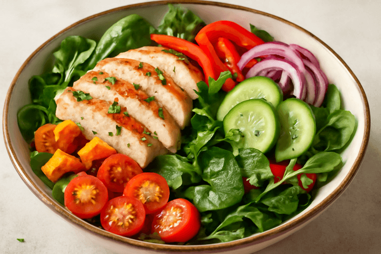 Lunssalat med grillet kylling og ovnsbakte grønnsaker