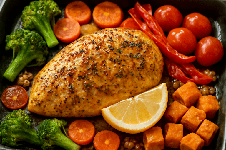 Saftig ovnsbakt kyllingfilet med ovnsgrønnsaker