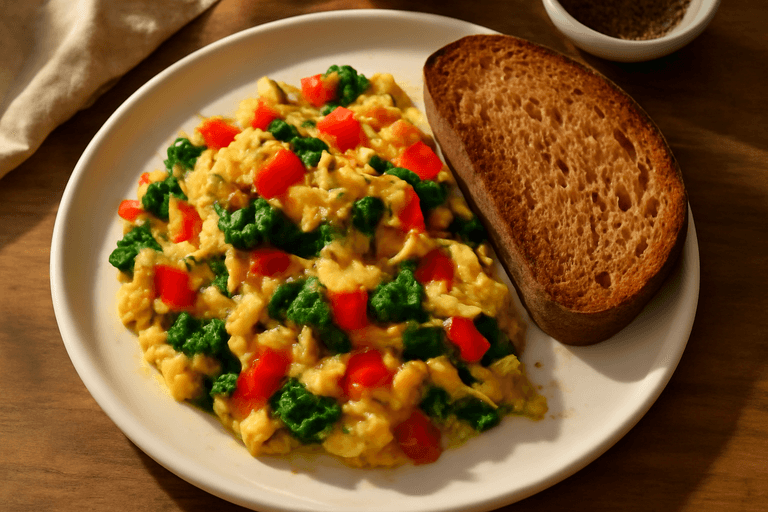 Jajecznica z warzywami i pełnoziarnistym tostem