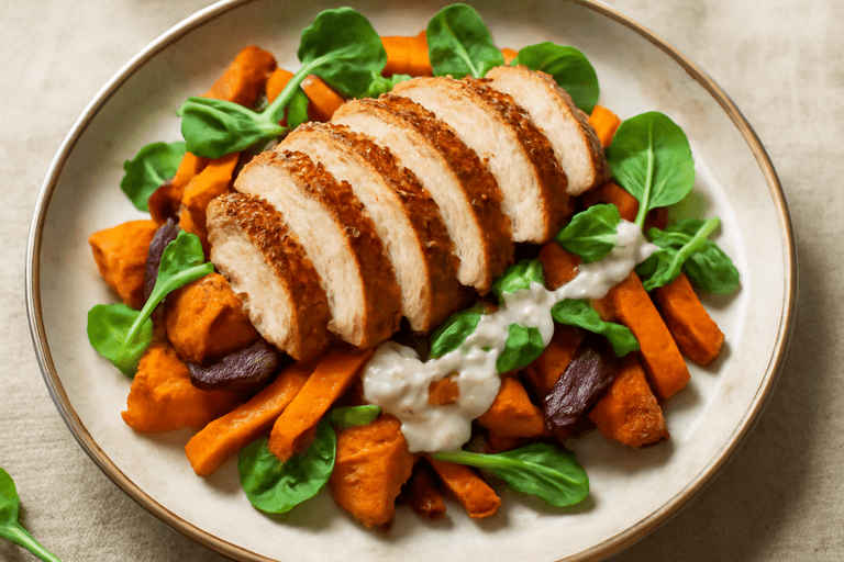 Kycklingfilé med rostade rotfrukter och yoghurtsås