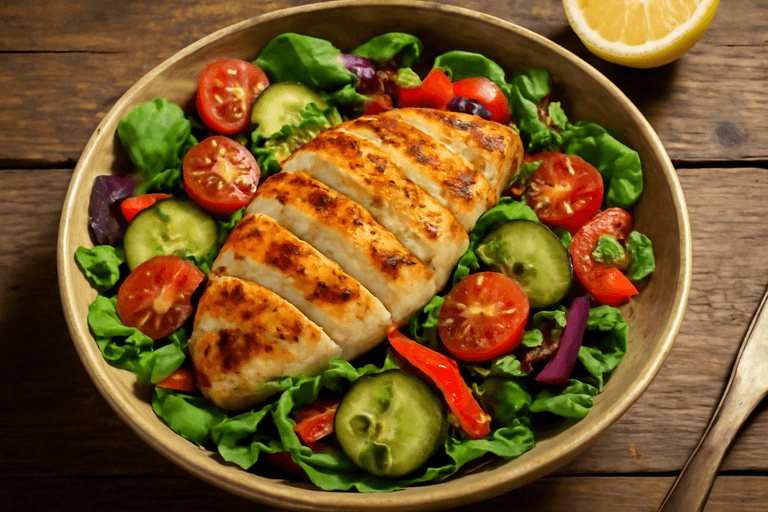 Salată sățioasă cu piept de pui la grătar și legume proaspete