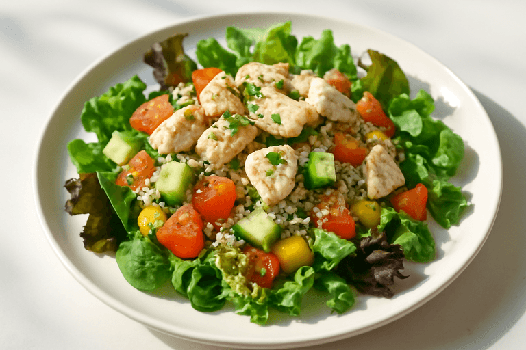 Лёгкий куриный салат с овощами и киноа