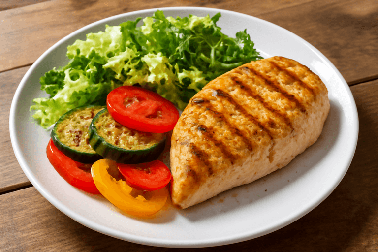 Куриное филе с овощами на гриле и салатом из свежей зелени