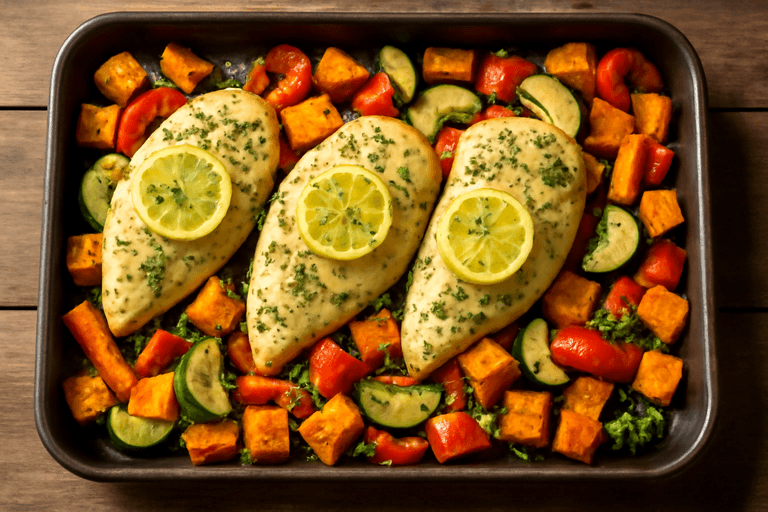 Leichtes Zitronen-Kräuter-Hähnchen mit Ofengemüse