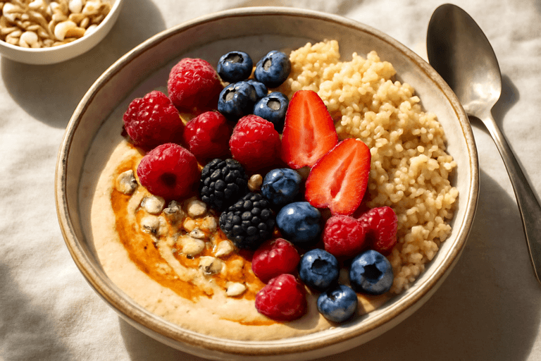 Proteinreiches veganes Frühstücks-Bowl mit Beeren und Quinoa