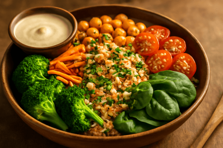 Proteinreicher Quinoa-Gemüse-Bowl mit Mandel-Dressing