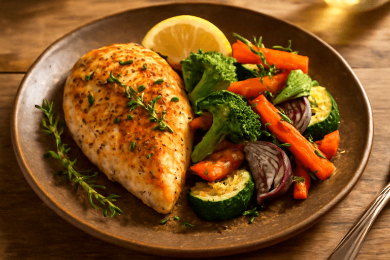 Poulet aux herbes et légumes rôtis