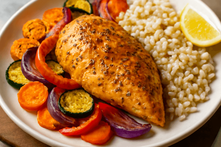 Saftig ovnsbakt kyllingbryst med grønnsaker og urtekrydder