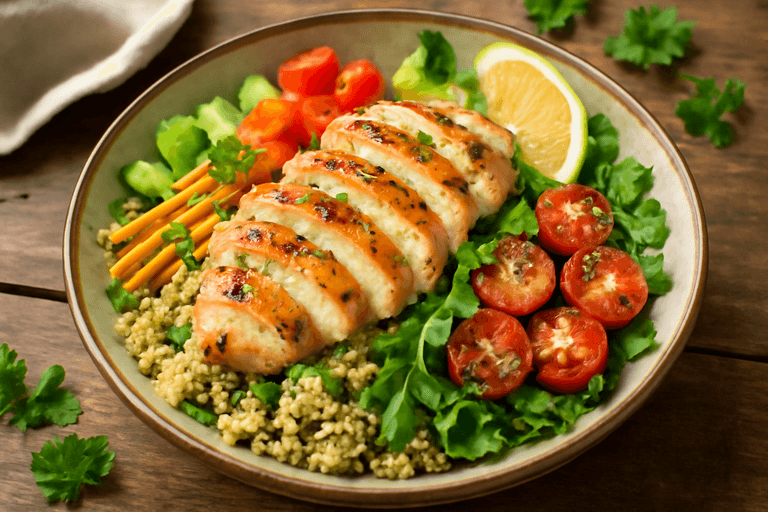 Salade de poulet grillé et quinoa aux légumes croquants