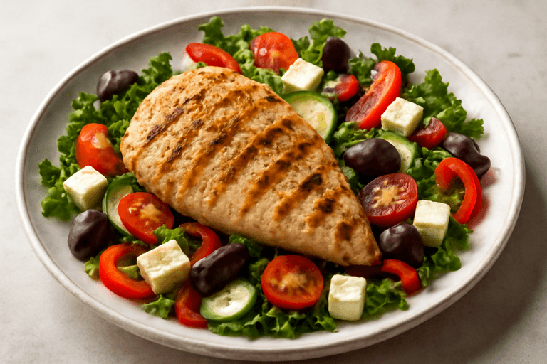 Piept de pui la grătar cu salată mediteraneană