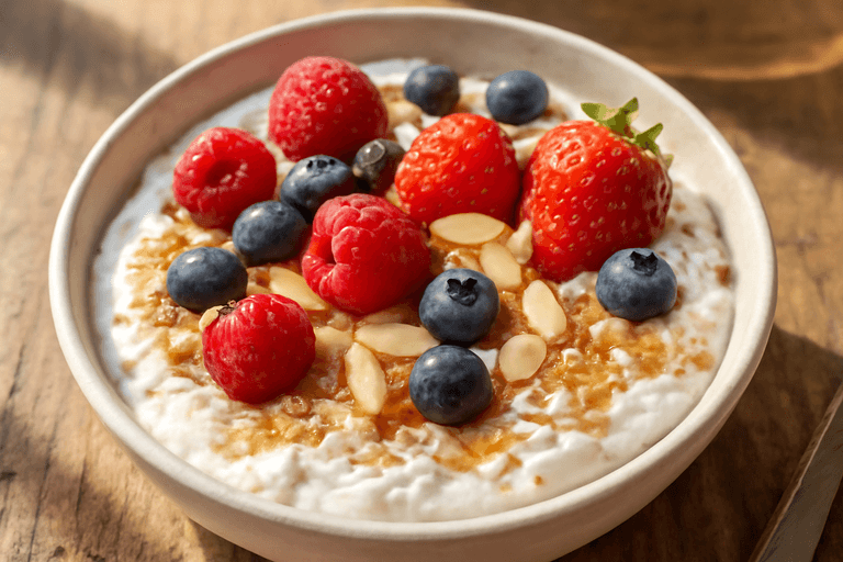 Motivierender Frühstücks-Quark mit Beeren und Mandeln
