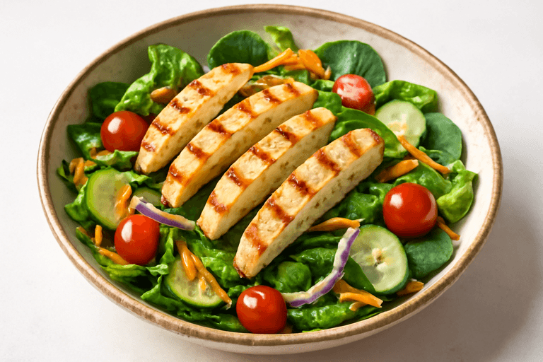 Ensalada de pollo a la plancha con vegetales coloridos