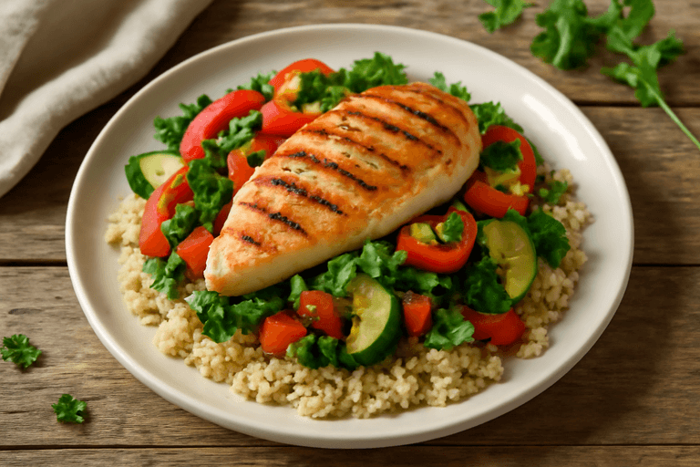 Pollo a la plancha con quinoa y vegetales salteados