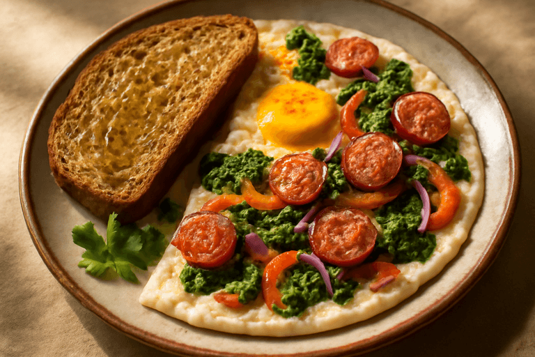Белковый омлет с овощами и цельнозерновым тостом
