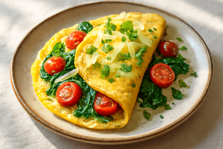 Klassisk proteinrik omelett med spenat och tomat