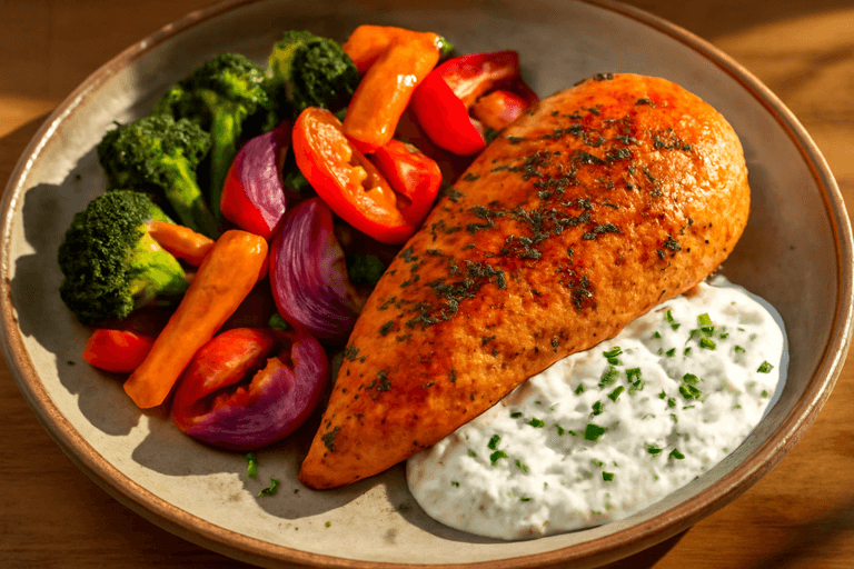 Saftig kycklingfilé med ugnsrostade grönsaker och örtig yoghurtsås