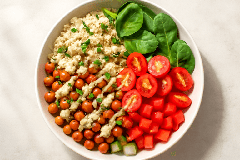 Proteinreicher Quinoa-Gemüse-Salat mit pikantem Kichererbsen-Topping
