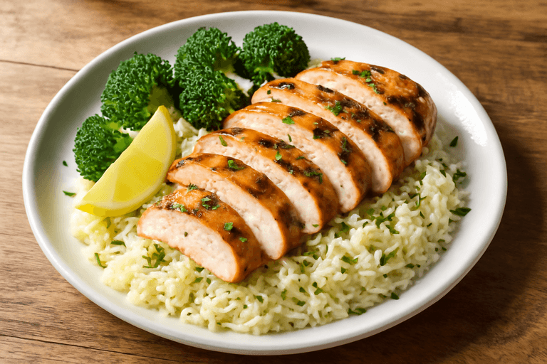Στήθος κοτόπουλου ψητό με λεμονάτο ρύζι και μπρόκολο