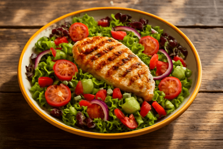 Salată clasică cu piept de pui la grătar și legume proaspete