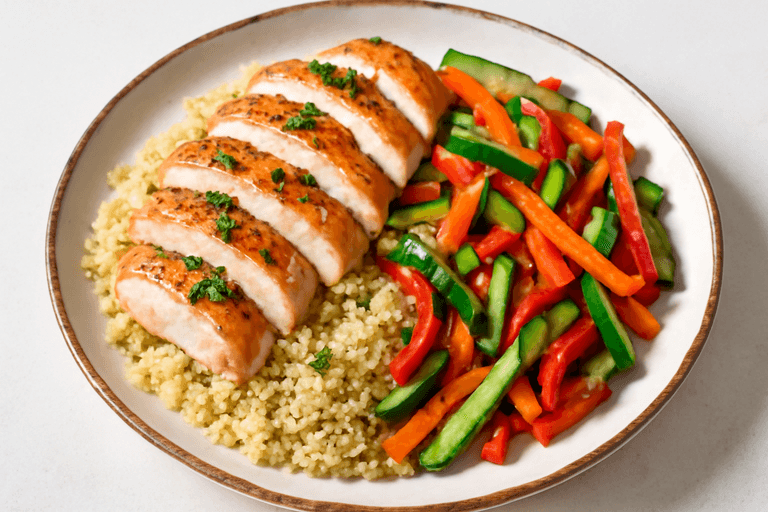 Piept de pui la grătar cu legume sote și quinoa