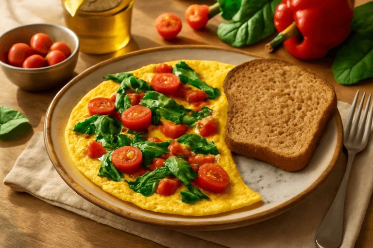 Лёгкий омлет с овощами и цельнозерновым тостом