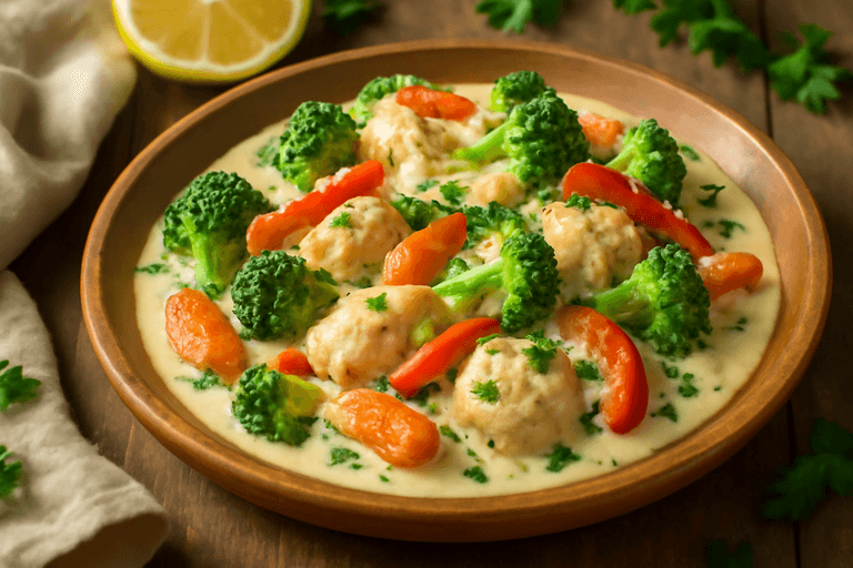 Куриное филе с овощами в сливочно-лимонном соусе