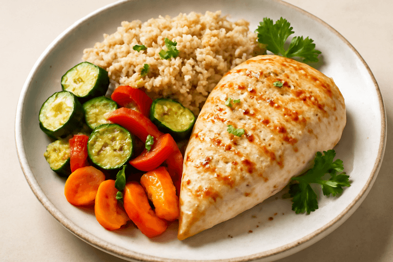 Pollo a la plancha con verduras asadas y quinoa
