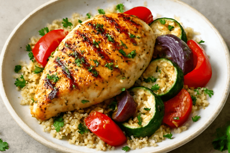Gegrilde Kippenborst met Mediterrane Groenten en Quinoa