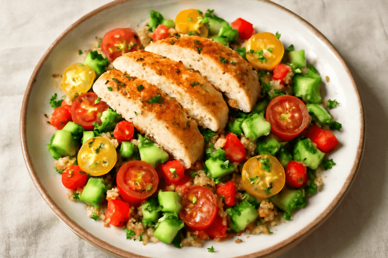 Kipfiletsalade met Mediterrane groenten en volkoren bulgur