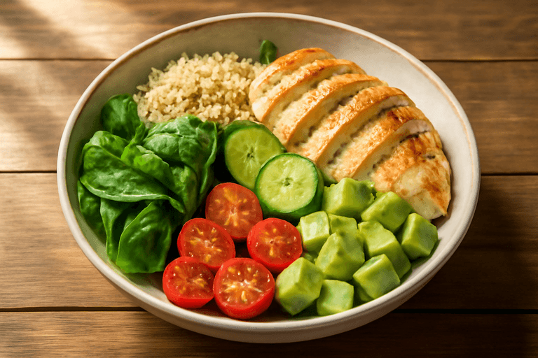 Ensalada de pollo a la plancha con quinoa y vegetales frescos