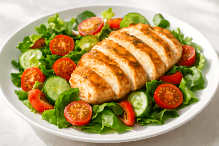 Тёплый салат с куриной грудкой и овощами