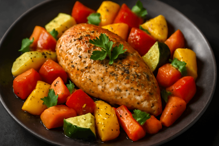 Запечённая куриная грудка с овощами и травами