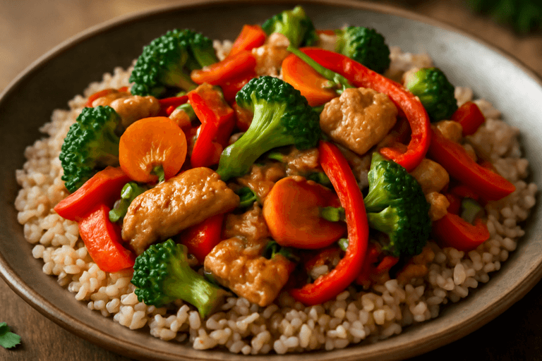 Kalkon- & grönsakswok med fullkornsris