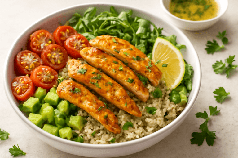Leichter Hähnchen-Quinoa-Salat mit Zitronendressing