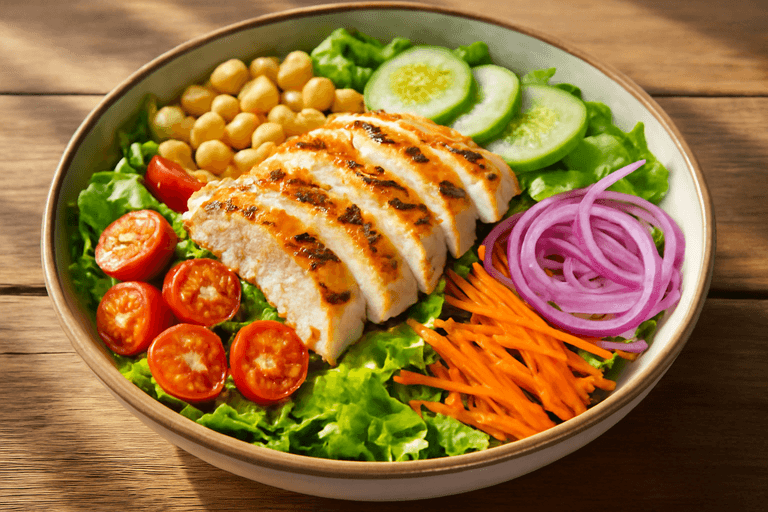 Insalata di Pollo Grigliato con Ceci e Verdure Croccanti