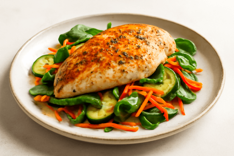 Печено пилешко филе върху зеленчукова подложка